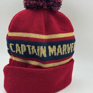 Captain Marvel Hat Beanie Fitted Red Navy Gold Pom Knit Cuffed Embroidered
